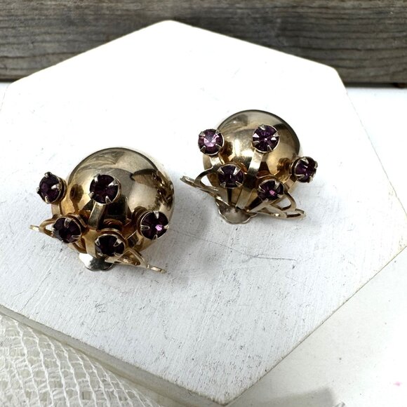 Vintage Clip-On Dome Earrings With Purple Rhinestones & Gold-Tone Finish - Picture 5 of 7